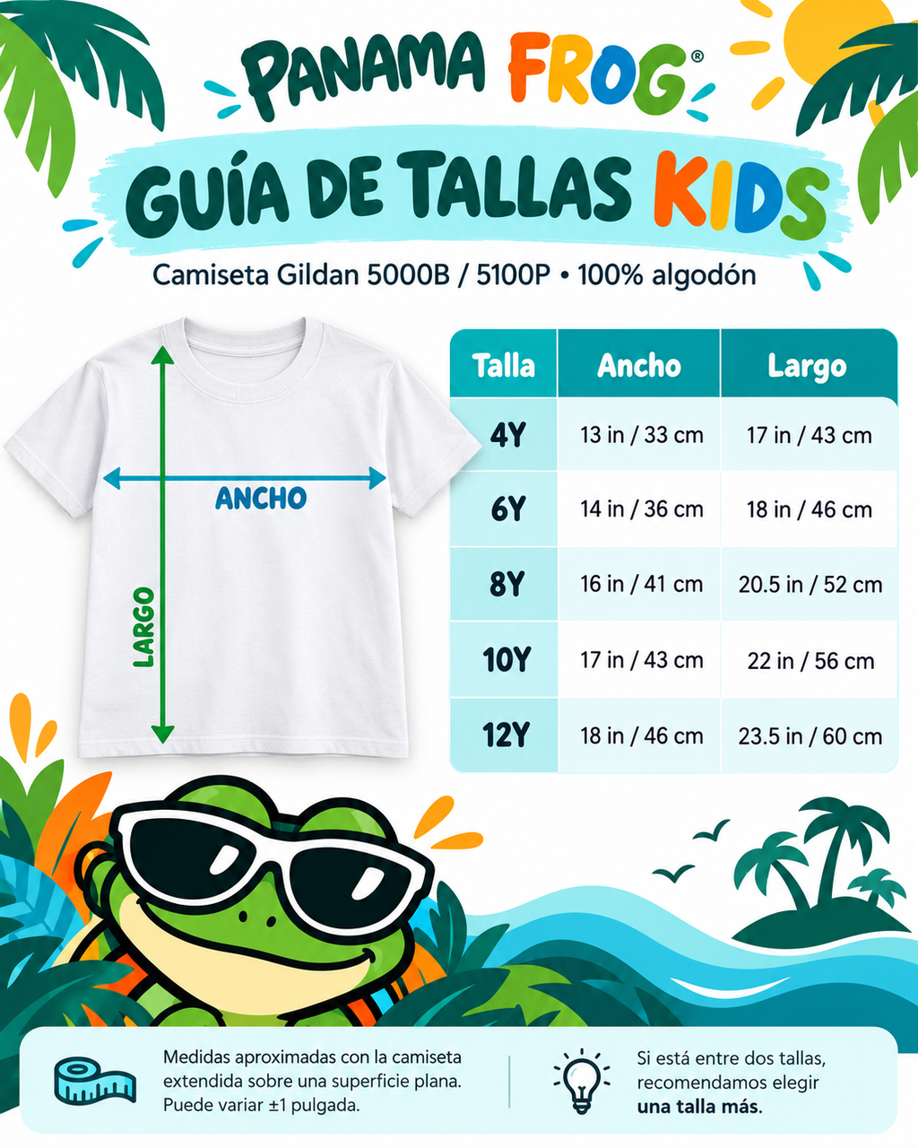 PANAMA FROG guía de tallas KIDS – medidas de ancho y largo
