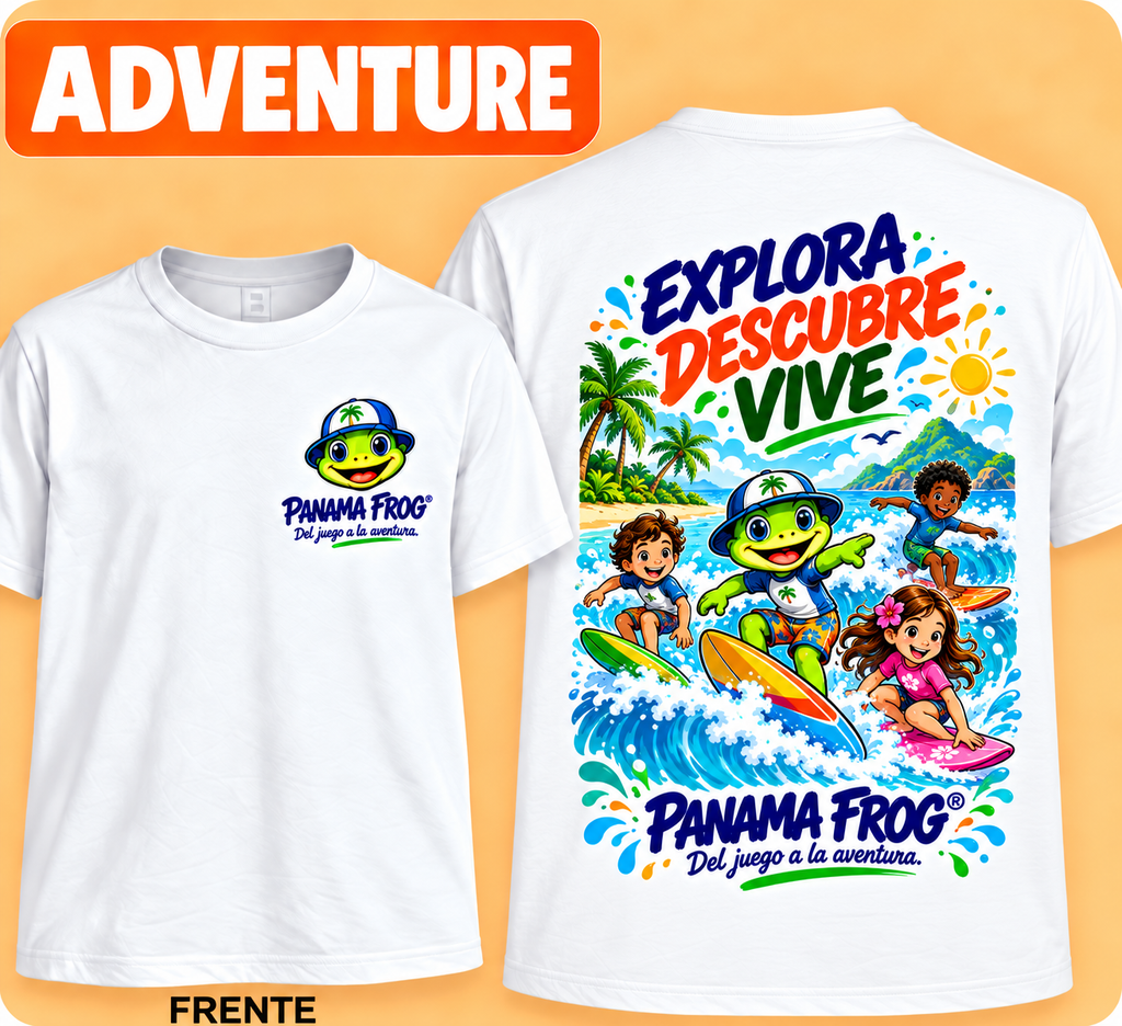 PANAMA FROG KIDS ADVENTURE 02 – surf en la playa – mockup con margen real de impresión